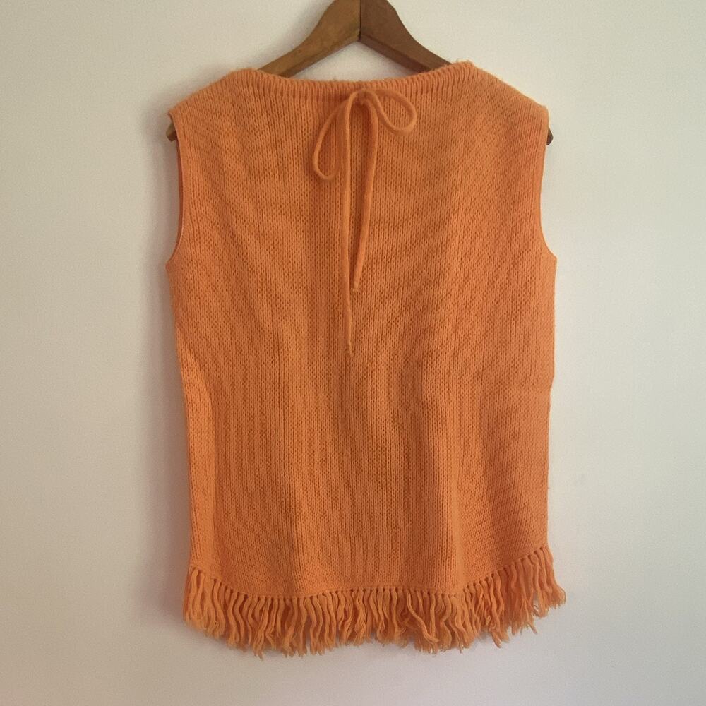 Vintage Kirby of Miami 60s Orange Knit Sweater Vest Fringe Tie Back Mod Boho